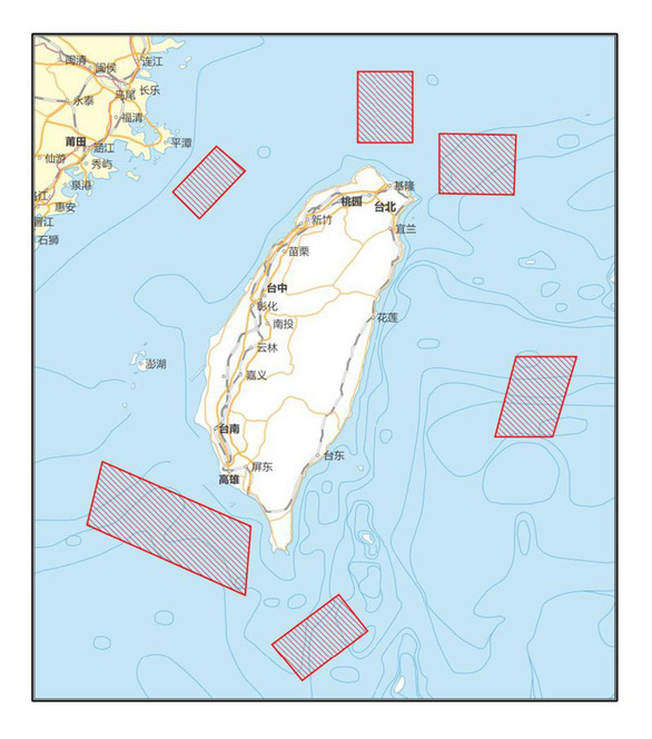 Bản đồ các điểm tập trận của Trung Quốc quanh đảo Đài Loan. Ảnh: Tân Hoa Xã