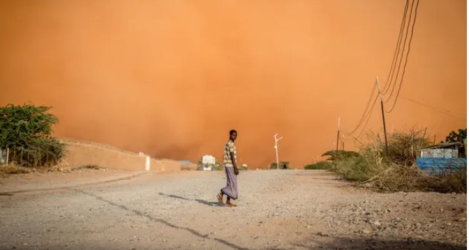 Một người đàn ông đi trước bão cát ở Dollow, tây nam Somalia. Ảnh: Sopa Images / LightRocket / Getty Images