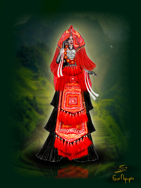 Nguyễn Ngọc Tứ dự thi mẫu phác thảo lấy cảm hứng từ trang phục cưới của người Dao.