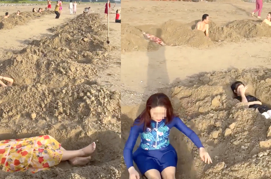 Nhóm du khách đào các hố cát để nằm gây xôn xao dư luận