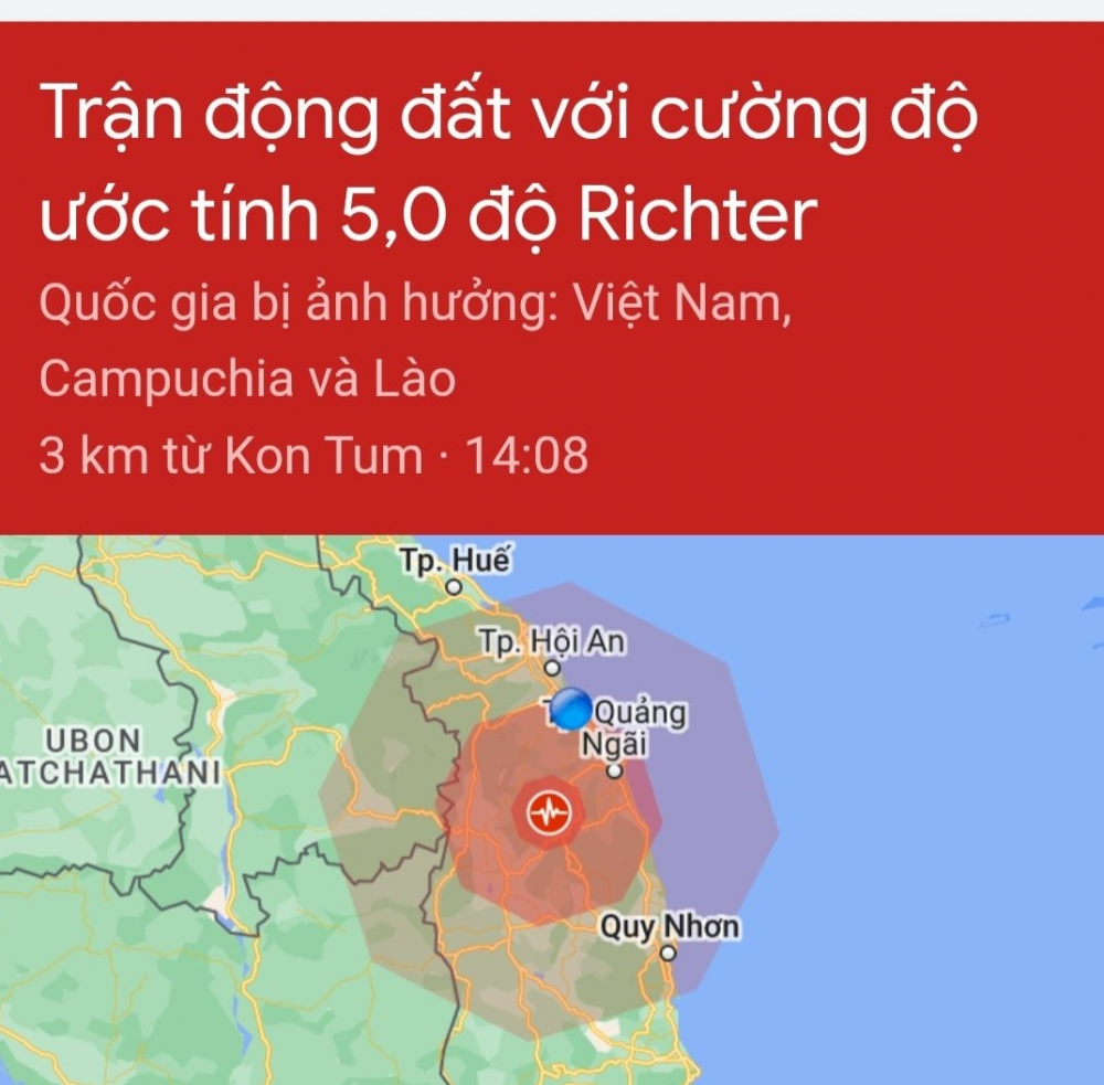 Trận động đất với cường độ 4,7 độ richter đã làm rung chuyển nhiều địa phương từ Kon Tum đến Quảng Nam