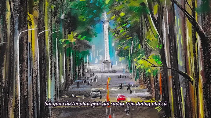 Một trong những bức vẽ về Sài Gòn của hoạ sĩ Lê Sa Long được dùng trong MV Phố phôi phai