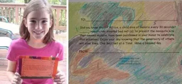 Tấm thiệp chứng nhận đặc biệt do tự tay Katherine làm nhằm ghi nhận sự đóng góp của mọi người để mua màn chống muỗi tặng trẻ em ở các nước nghèo