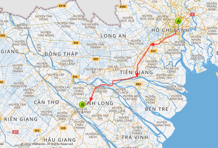 Bản đồ di chuyển từ TP.HCM đến làng nghề Tảu hủ ki Bình Minh - Vĩnh Long. Ảnh chụp màn hình.