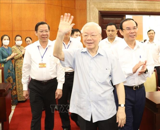 Tổng Bí thư Nguyễn Phú Trọng đến làm việc với Ban Thường vụ Thành ủy và lãnh đạo chủ chốt TP Hồ Chí Minh - Ảnh: Trí Dũng/TTXVN