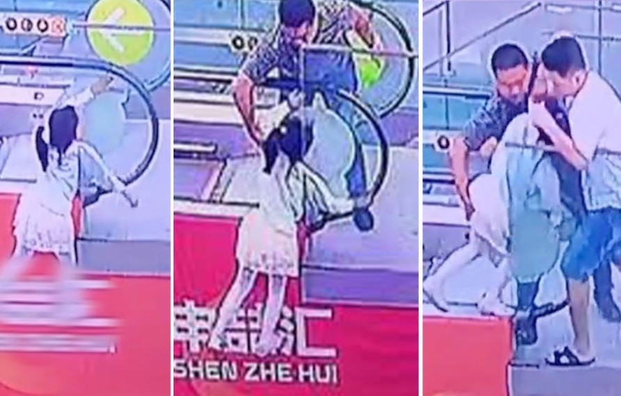 Một người đàn ông ở Trung Quốc đã cứu một cô gái sắp rơi khỏi thang cuốn đã bị những kẻ gian mạng buộc tội mò mẫm cô ấy một cách không phù hợp, nhưng đã được công chúng bảo vệ. Ảnh: SCMP composite