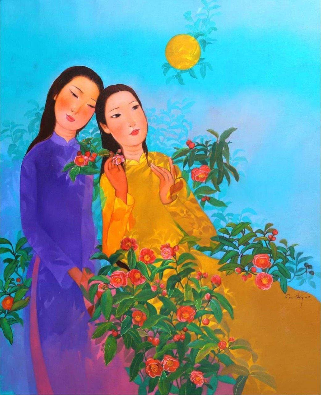 Tranh Hai thiếu nữ bên hoa hải đường của hoạ sĩ Đặng Thị Thu An