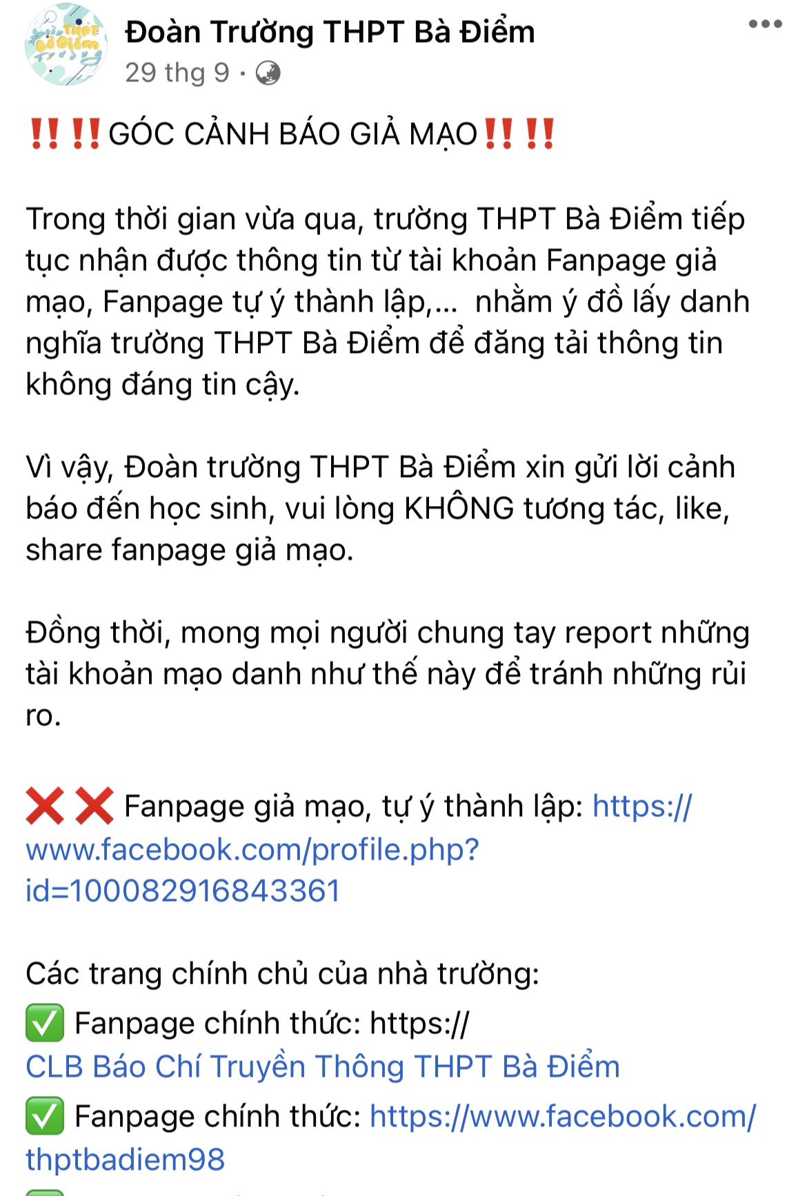 Trường THPT Bà Điểm phát cảnh báo về việc mạo danh trường trên mạng xã hội