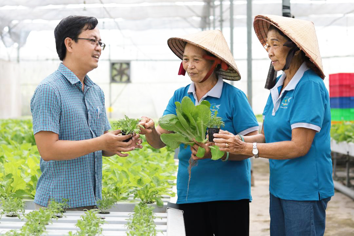 Nông dân Việt Nam xuất sắc năm 2022” Lâm Ngọc Tuấn giới thiệu quy trình trồng rau công  nghệ cao cho các dì, các chị cán bộ, hội viên phụ nữ TP.Thủ Đức