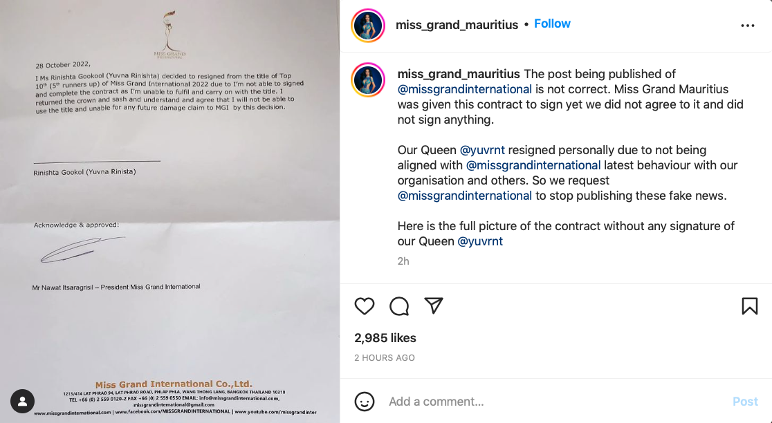 Sau đó, tổ chức Miss Grand Mauritius đăng bài phản bác