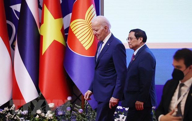 Thủ tướng Phạm Minh Chính và Tổng thống Hoa Kỳ Joe Biden tại Hội nghị Cấp cao ASEAN- Hoa Kỳ lần thứ 10. (Ảnh: Dương Giang/TTXVN)