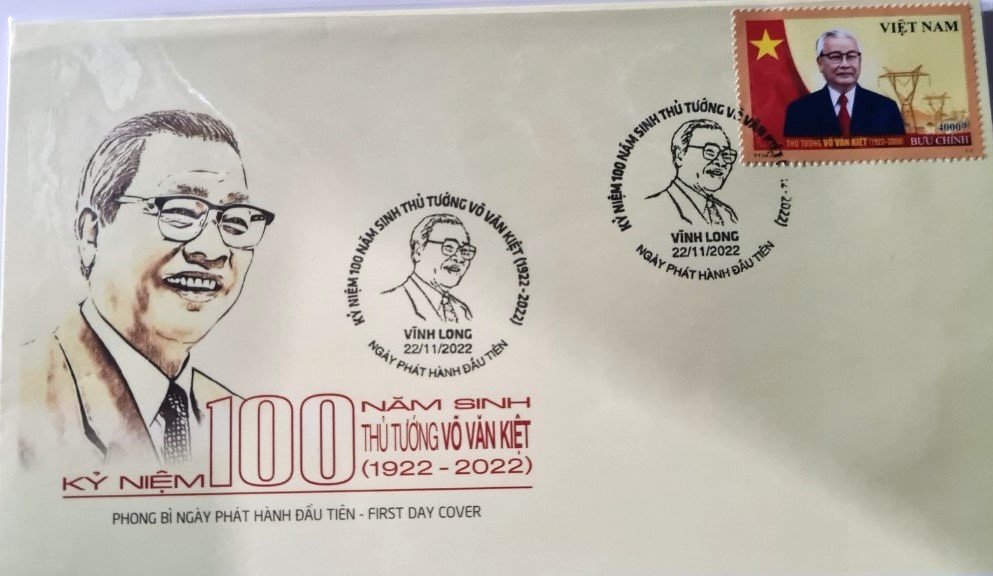 Phong bì và tem phát hành ngày đầu tiên, nhân dịp kỷ niệm 100 năm sinh Thủ tướng Võ Văn Kiệt 