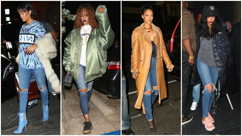 Quần jean skinny rách gối Phong cách của Rihanna hoạt động rất hiệu quả vì cô ấy có sở trường trong việc cân bằng những món đồ nữ tính, sang trọng với các chi tiết thô mộc. Một trong những cách đơn giản nhất của cô ấy để đạt được sự cân bằng này là mặc một chiếc quần jean rách gối, skinny hoặc ống ôm. Trong khi chiếc quần jean bó sát ôm sát đôi chân của Rihanna, khoe vóc dáng nữ tính của cô, thì chiếc quần hở đầu gối, rách toạc, tạo thêm nét lộn xộn và thô kệch, khiến vẻ ngoài trở nên khác thường. Rihanna chọn cách giặt giữa xanh lam cho quần jean của mình để tạo điểm nhấn cho kiểu quần này (màu giặt đậm hơn và màu đen có thể trông quá grunge trong khi xanh lam nhạt hơn và trắng có thể khiến phong cách trông nữ tính hơn).