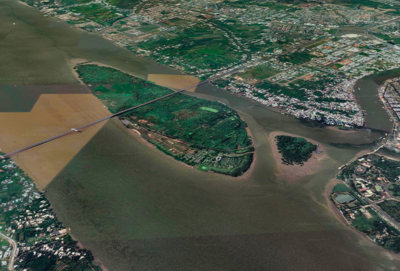 Cồn Ấu là một dải đất có diện tích khoảng 130ha giữa sông Hậu, thuộc TP Cần Thơ và giáp tỉnh Hậu Giang. Ảnh: Google Maps.