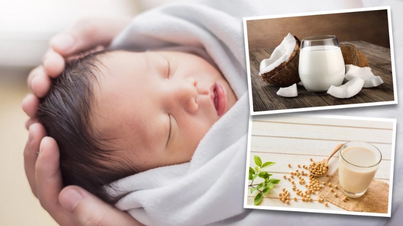 Dư luận Trung Quốc bàng hoàng khi bác sĩ tiết lộ một cặp vợ chồng ăn chay được hỏi cái nào tốt hơn - bã sữa dừa hay sữa đậu nành cho em bé một ngày tuổi bú. Ảnh: SCMP tổng hợp/phát tay
