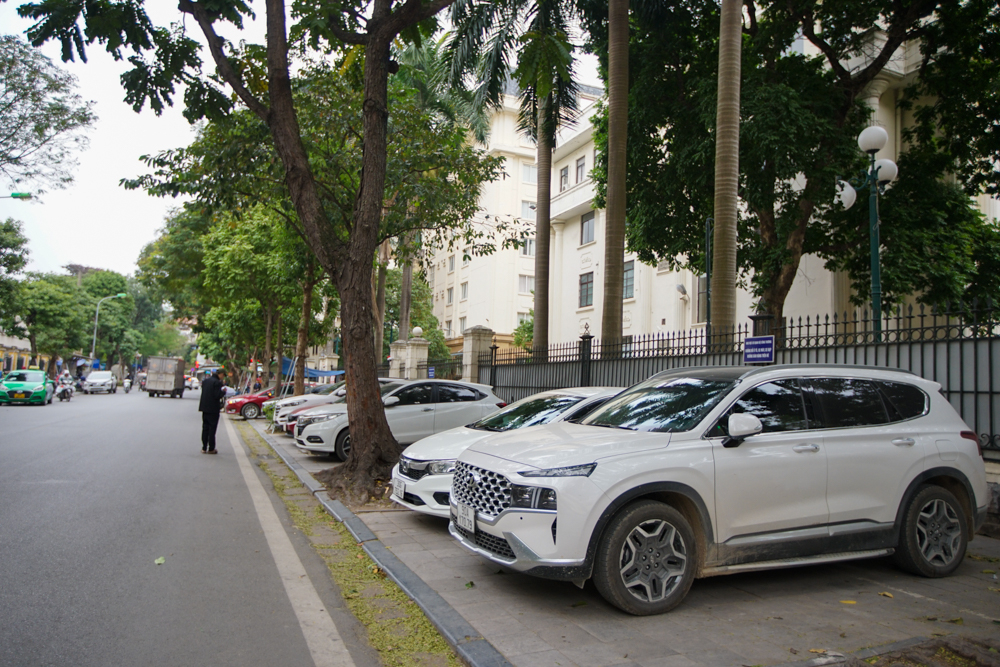 Bãi trông giữ xe ô tô trên vỉa hè phố Triệu Quốc Đạt luôn trong tình trạng kín chỗ.
