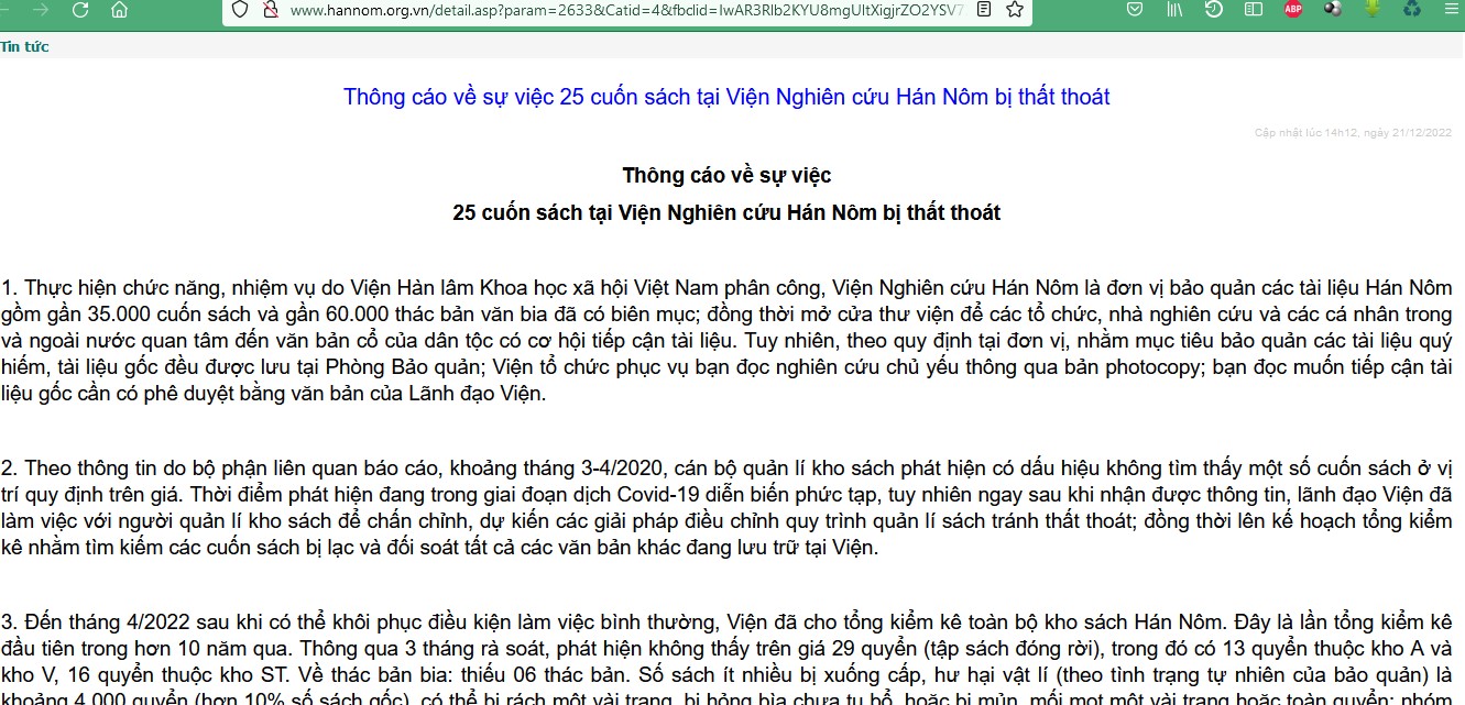 Thông cáo về việc mất 25 cuốn sách cổ được cập nhật trên trang web của Viện Nghiên cứu Hán Nôm lúc 14g12p ngày 21/12