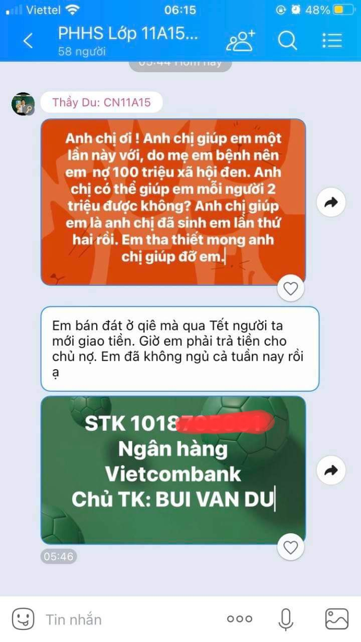 Tin nhắn xin tiền phụ huynh được cho là của giáo viên Trường THPT Nguyễn Công Trứ (quận Gò Vấp)