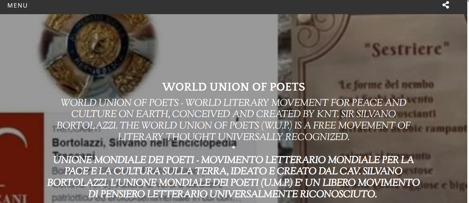 Website của tổ chức Liên đoàn các nhà thơ thế giới” được thiết kết đơn giản với nội dung rất sơ sài - Ảnh chụp trang web https://www.worldunionofpoets.it/