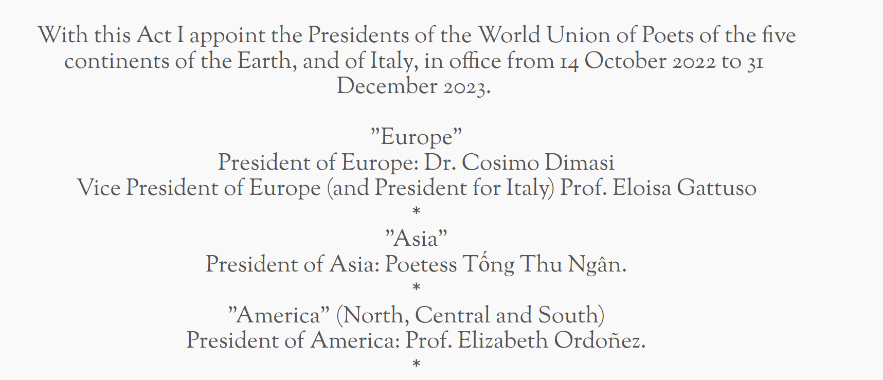 Thông tin bà Tống Thu Ngân được bổ nhiệm chức danh Chủ tịch Chủ tịch khu vực châu Á của Liên đoàn các nhà thơ thế giới (W.U.P) - Ảnh chụp màn hình trang web https://www.worldunionofpoets.it/