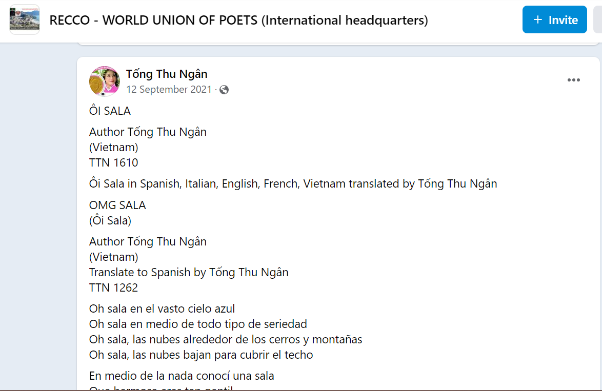 Bài thơ Ôi Sala của bà Tống Thu Ngân được tác giả tự dịch ra 4 thứ tiếng và đăng trong nhóm Facebook kín 