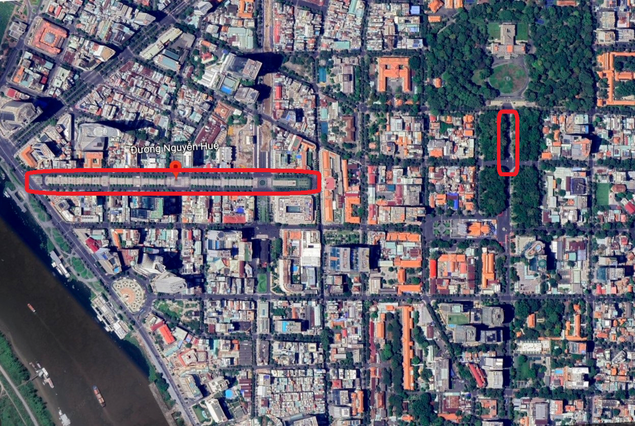 Khu vực phố đi bộ Nguyễn Huệ và một đoạn đường Lê Duẩn sẽ cấm xe lưu thông vào đêm 31/12/2022. Ảnh: Google.