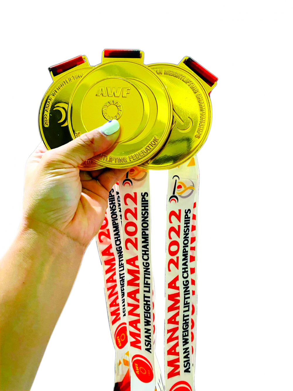 Hồng Thanh với  3 huy chương Vàng mới giành được tại giải Vô địch cử tạ châu Á