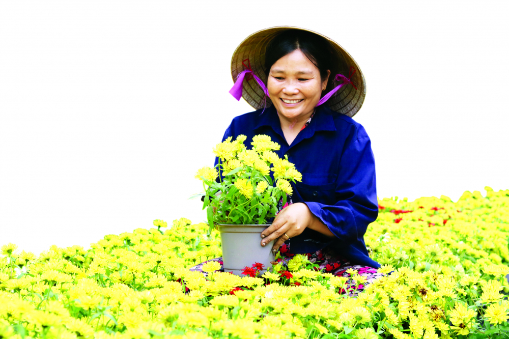 Dù đã là bà chủ có của ăn của để, chị Hồng Quyên vẫn từng ngày tất bật ngoài vườn chăm chút từng chậu hoa nền - Ảnh: Mẫn Nhi