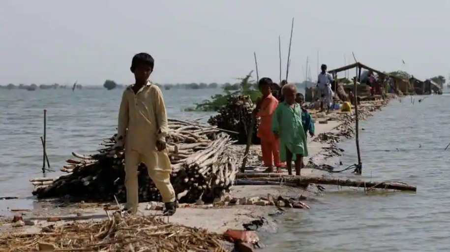 Trẻ em tìm nơi trú ẩn dọc theo một con đường bị lũ lụt tàn phá ở Sehwan, Pakistan, vào đầu tháng 9/2022 - Ảnh: Reuters