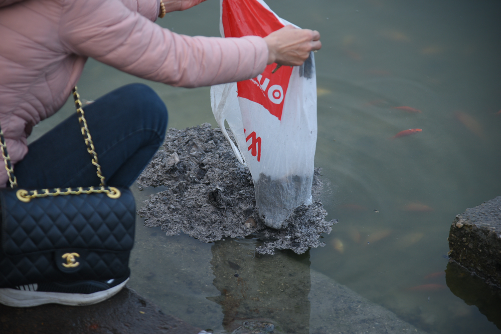 Ghi nhận của PV, nhiều người còn đeo theo tro, tàn chân hương ra ao hồ để thả cùng với cá chép.