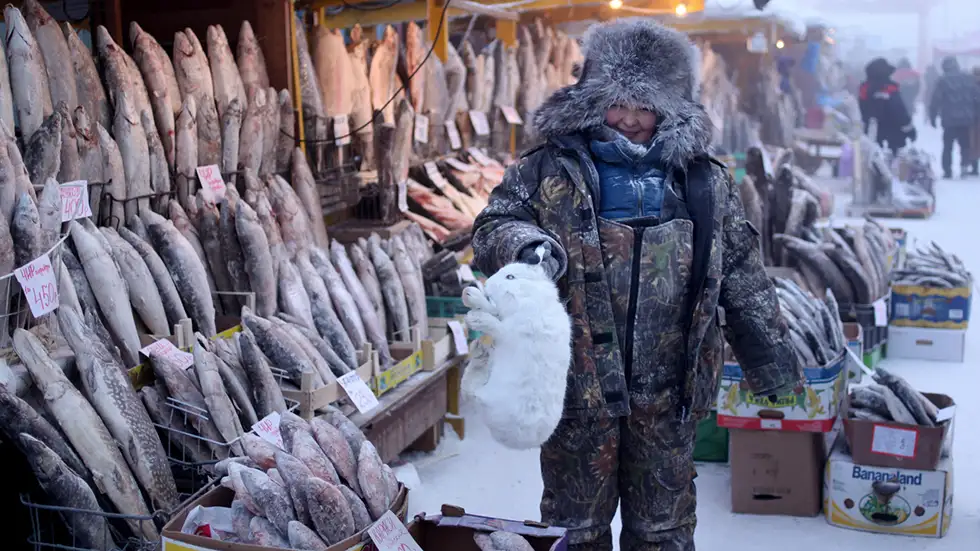 Các khu chợ ngoài trời của Yakutsk không cần tủ lạnh vì không khí lạnh đảm bảo cá và các loại thực phẩm khác luôn tươi ngon.