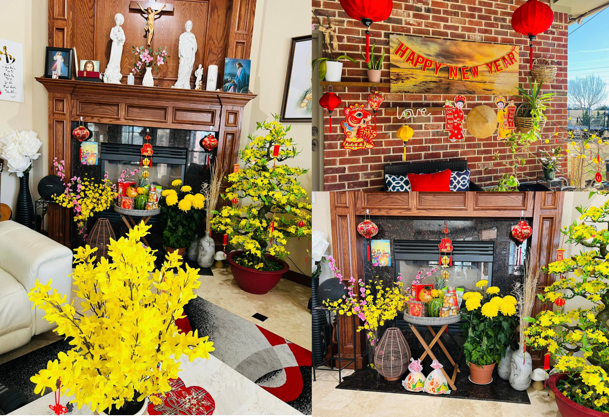 Bên trong căn nhà của ca sĩ Hồng Ngọc được trang trí với hoa, hình ảnh có màu đỏ, vàng bắt mắt.