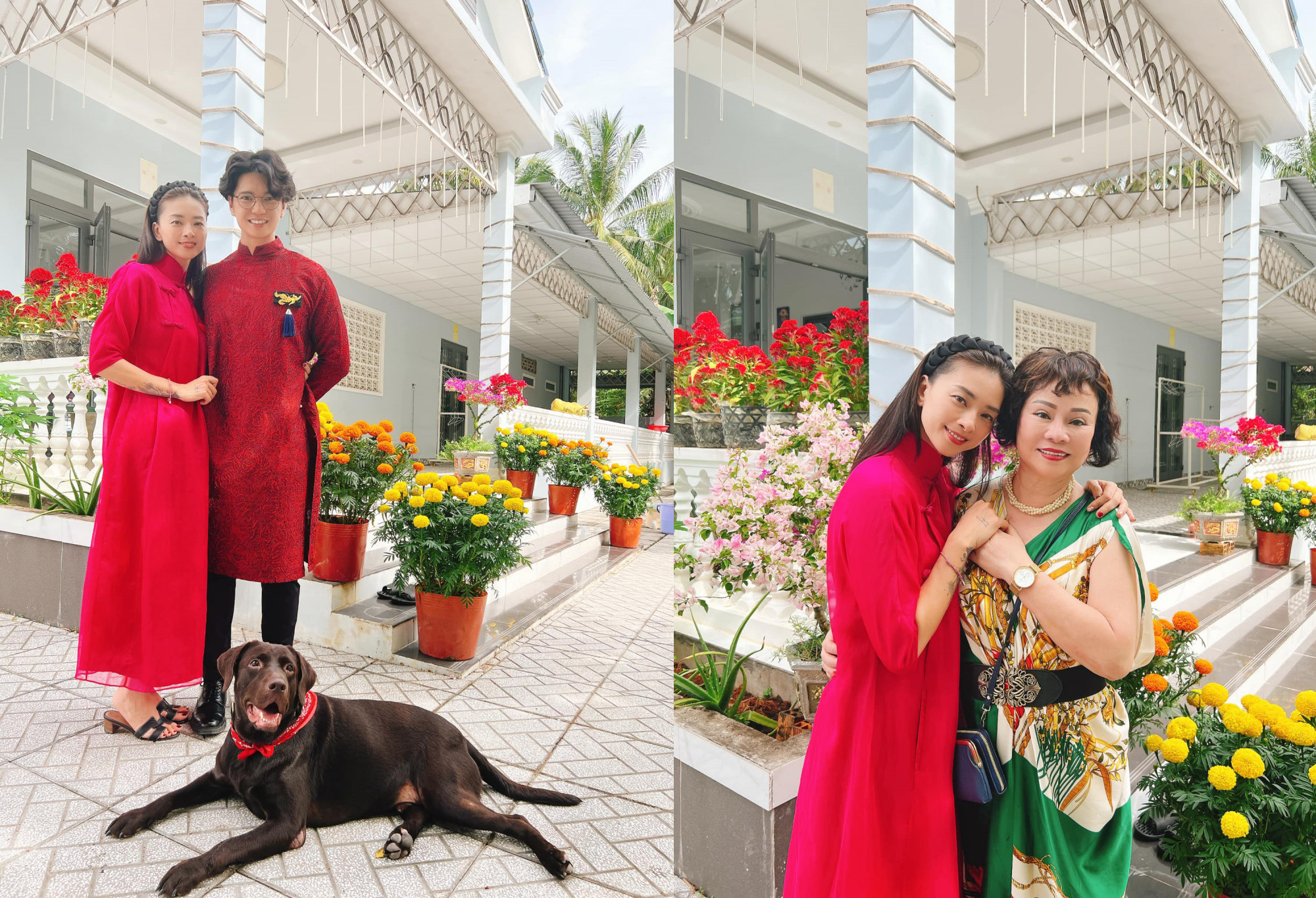 Đạo diễn, diễn viên, NSX phim Ngô Thanh Vân cùng chồng - doanh nhân Huy Trần diện trang phục màu đỏ rực rỡ ngày đầu năm. Họ về quê nhà Trà Vinh đón tết trong những ngày qua. 