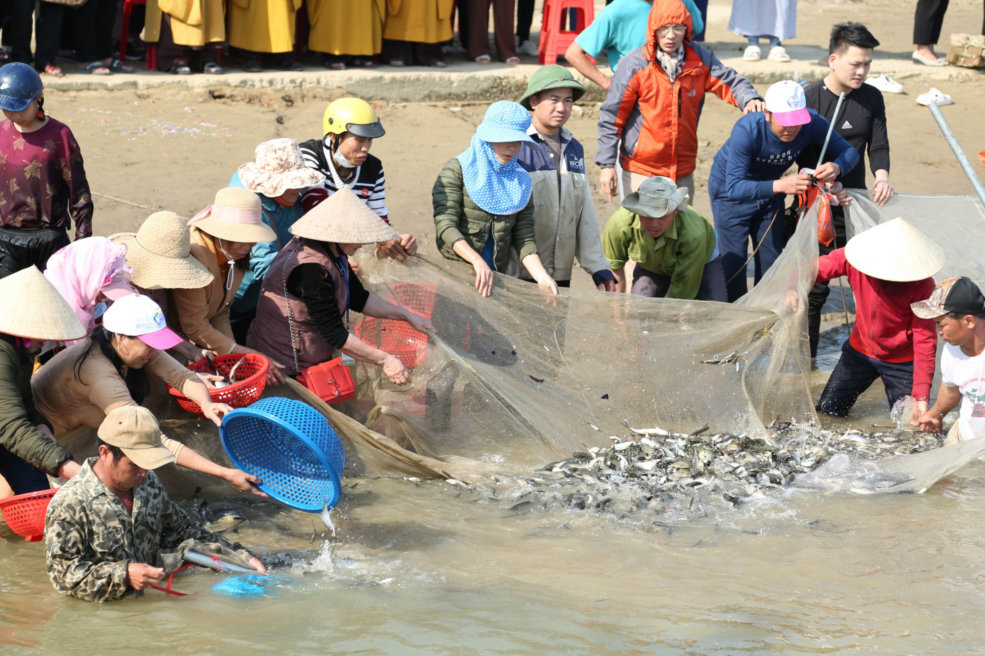 Bất chấp thời tiết giá rét, nhiều người vẫn không ngần ngại xuống sông để hỗ trợ việc thả cá.
