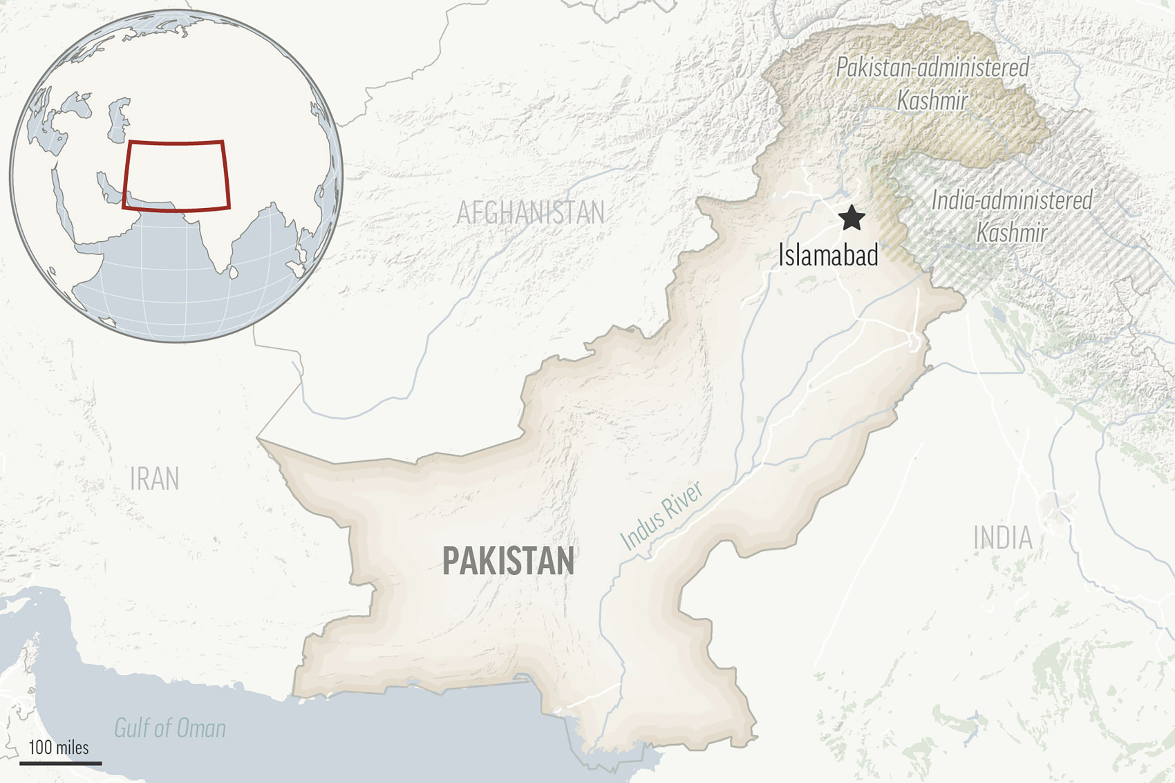 Bản đồ định vị của Pakistan với thủ đô Islamabad và vùng Kashmir. 