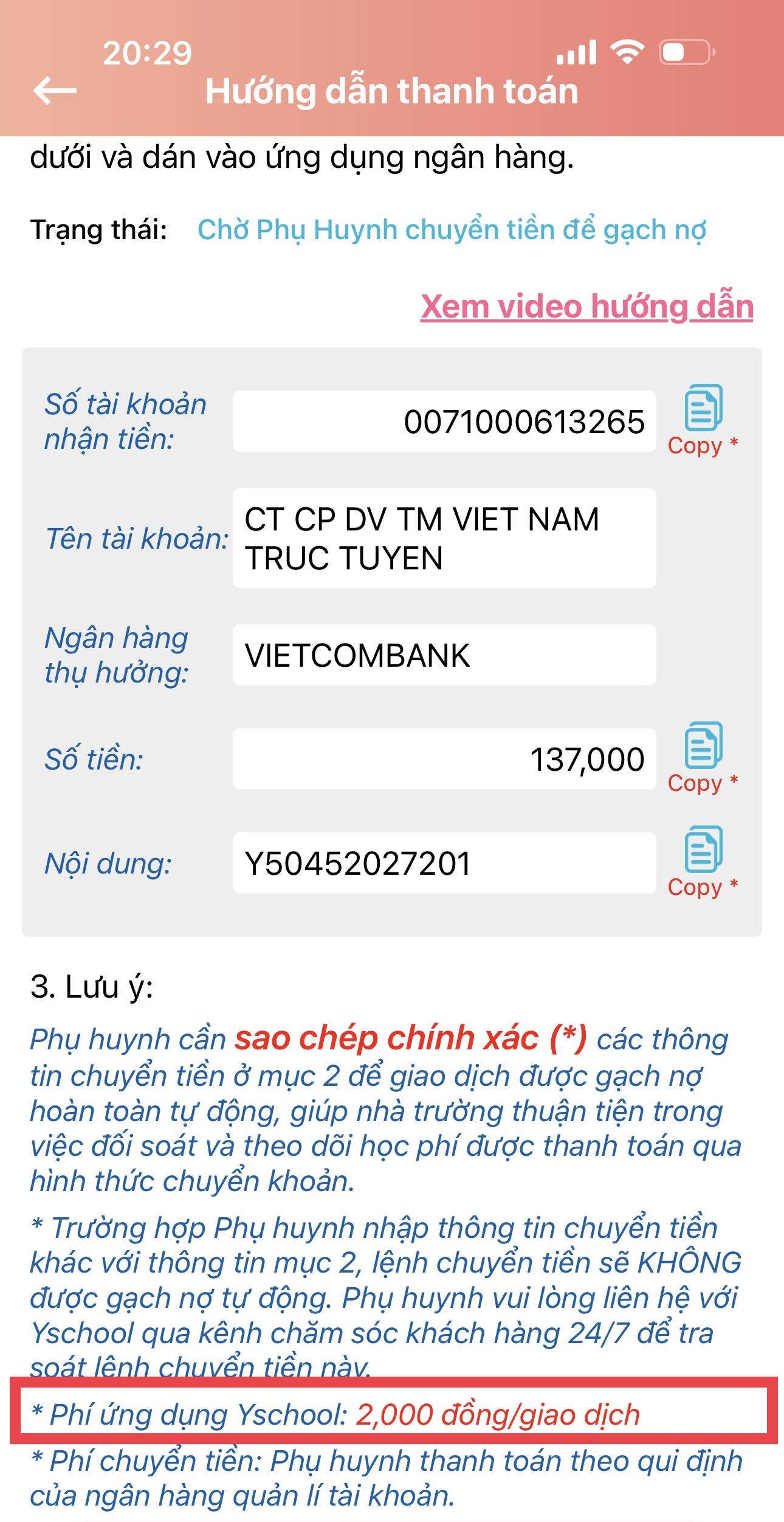 Yschool thu phí 2000₫/lần bên cạnh phí 5000₫/tháng