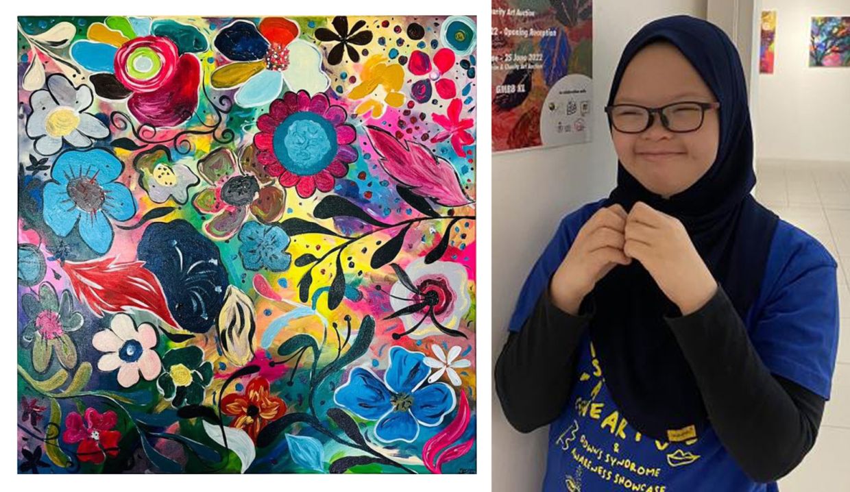 Nữ họa sĩ trẻ mắc hội chứng Down Maryam Khairul Anuar bên tác phẩm của mình - Ảnh: Sharifah Sarah