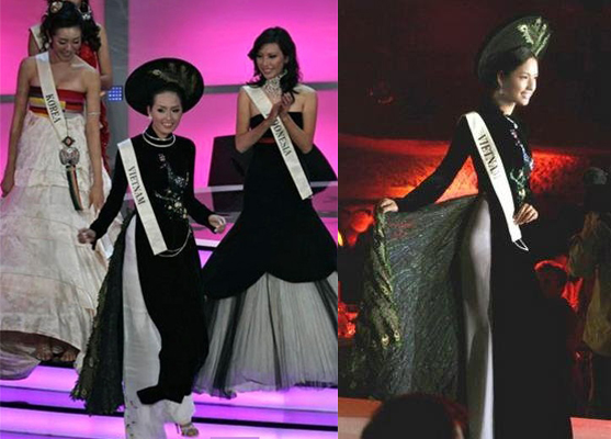 Áo dài hoạ tiết chim công NTK Việt Hùng thực hiện cho hoa hậu Mai Phương Thuý dự Thi Hoa hậu Thế giới 2006