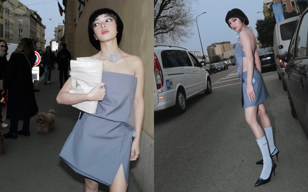 Giữa thời tiết lạnh giá 10 độ C tại Milan, chiếc váy hở lưng của Châu Bùi khiến nhiều người rùng mình.