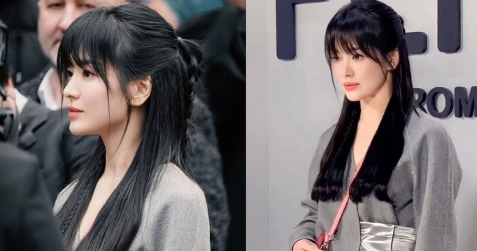 Tóc buộc nửa: Đây luôn là lựa chọn chân ái của Song Hye Kyo mỗi khi xuất hiện tại các sự kiện. Kiểu tóc buộc nửa luôn gây ấn tượng ở sự dịu dàng, nữ tính. Song Hye Kyo có nhiều bí kíp để các nàng có thể chinh phục xuất sắc kiểu tóc này như cắt mái thưa hoặc mái bay để giúp gương mặt thêm nhỏ gọn, thanh thoát. Khi cắt mái, vẻ ngoài của Song Hye Kyo còn toát lên sự trẻ trung, hiện đại.