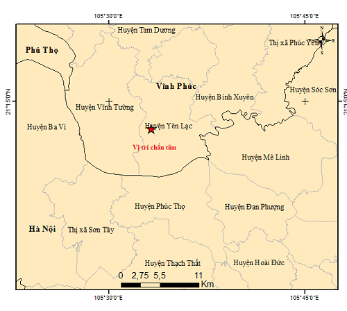 Vị trí động đất tại huyện Yên Lạc (Vĩnh Phúc) sáng 3/3