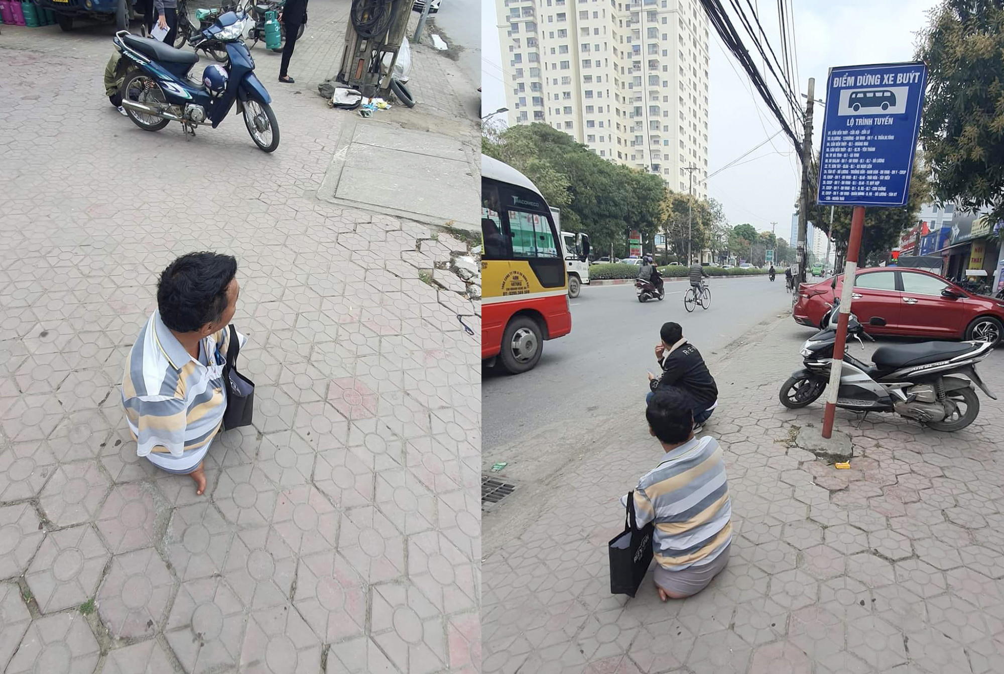 Người đàn ông khuyết tật ngồi chờ xe buýt ở điểm đón nhưng không được lên xe - Ảnh