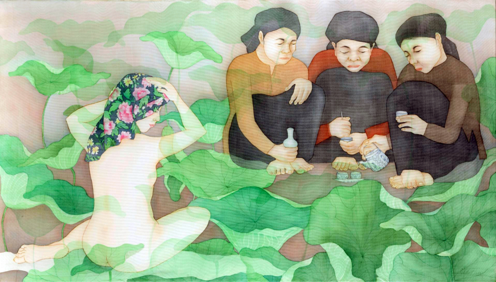 Tác phẩm The Youth  (Tuổi trẻ) của nghệ sĩ Nguyễn Thị Châu Giang, màu nước và bột màu trên lụa tại triển lãm V.I.E…