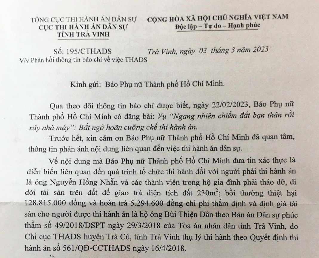 Công văn của Cục Thi hành án dân sự tỉnh Trà Vinh gửi Báo Phụ Nữ TPHCM - thi6ng tin xung quanh vụ việc cưỡng chế thi hành án ở huyện Tà Cú