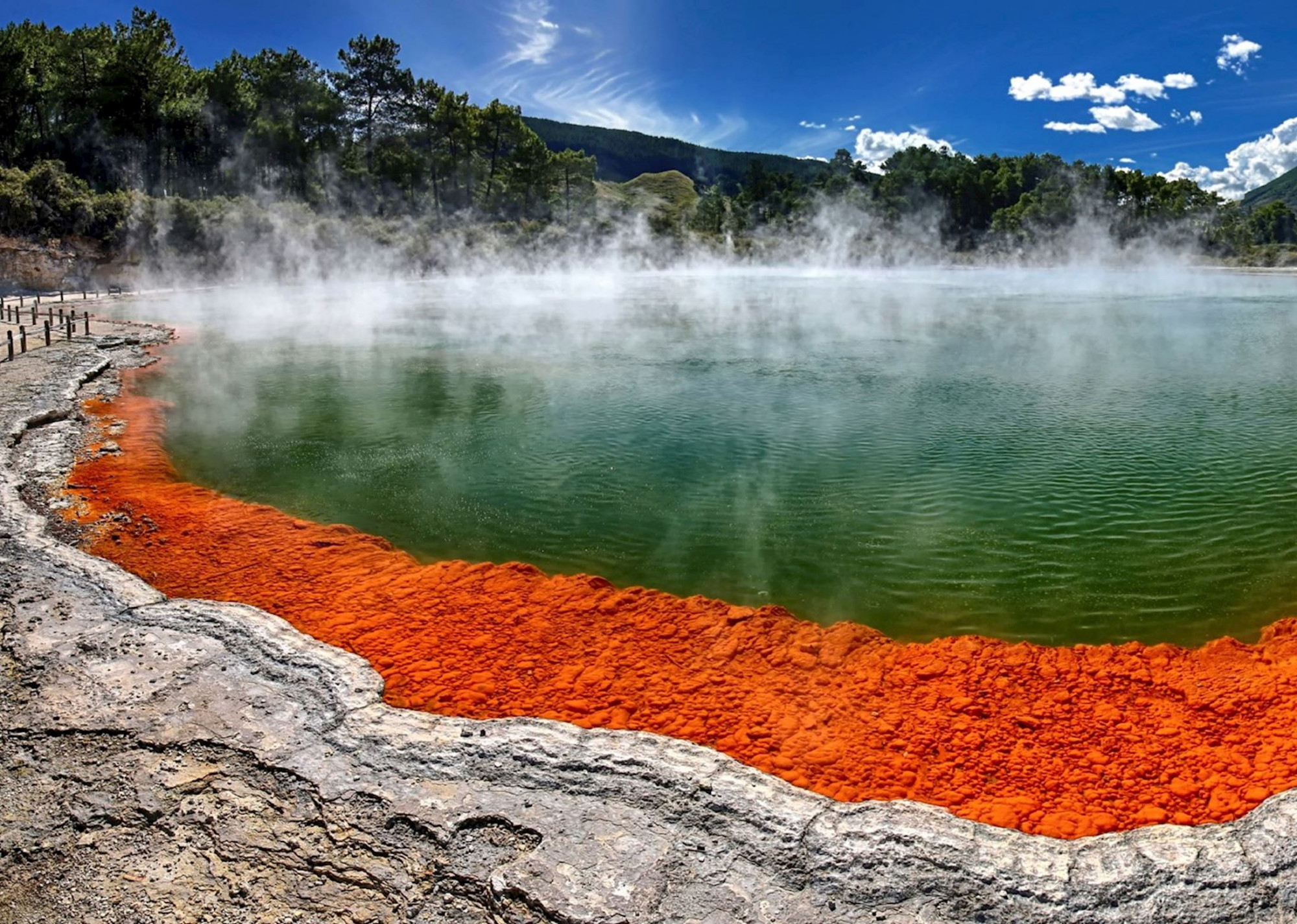 Rotorua, New Zealand:Bãi biển Nước nóng, trên bờ Hồ Tarawara, là nơi lý tưởng để ngâm mình trong làn nước nóng địa nhiệt. Đi bộ xuyên qua Rừng gỗ đỏ California cao 60 mét (197 foot) trong Rừng Whakarewarewa và ngắm nhìn các hồ nước trong vùng, kiểu quang cảnh mà cảm giác như thể không nơi nào sánh được khi bạn tận hưởng tất cả.