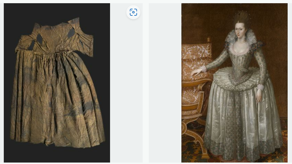 Chiếc váy có tuổi đời 350 năm vừa được trục vớt (trái) và nữ hoàng Anne của Đan Mạch trong một bộ váy tương tự (phảii) - Ảnh: Museum Kaap Skil/Pen News
