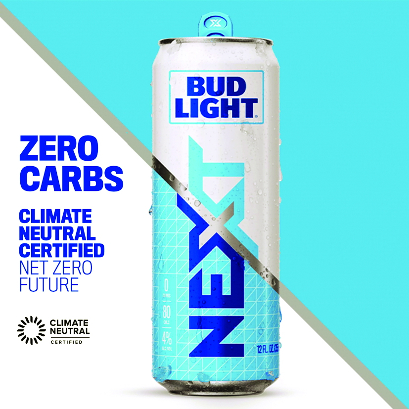 Bud Light Next (ra mắt đầu năm 2022) gây ấn tượng với hương vị thanh nhẹ, ít calo đi kèm “nhãn xanh” bảo vệ môi trường từ Climate Neutral - ẢNH: ANHEUSER-BUSCH