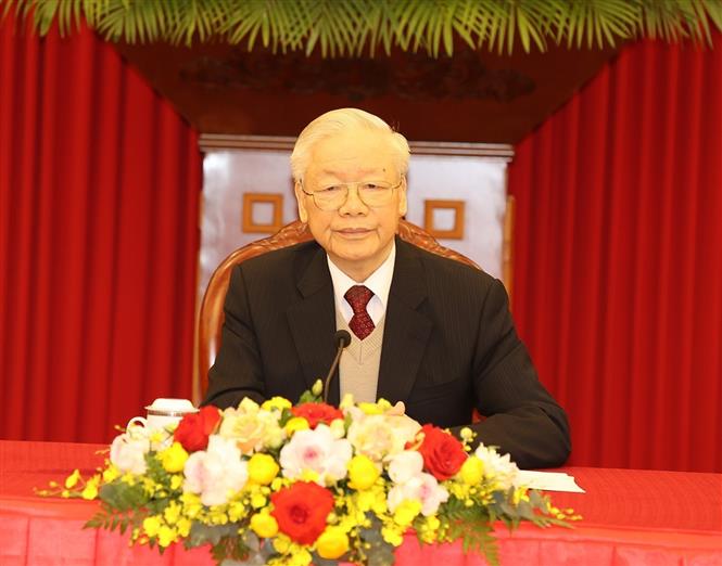 Tổng Bí thư Nguyễn Phú Trọng điện đàm cấp cao với Tổng thống Hoa Kỳ Joe Biden - Ảnh: Trí Dũng/TTXVN