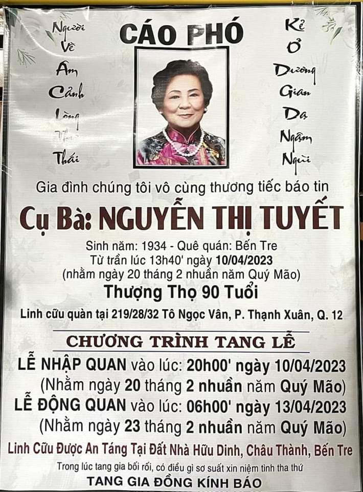 Thông tin lễ tang Dì Năm Tuyết Dì Năm Tuyết - nguyên Phó Tổng Biên tập đầu tiên của Báo Phụ nữ TPHCM