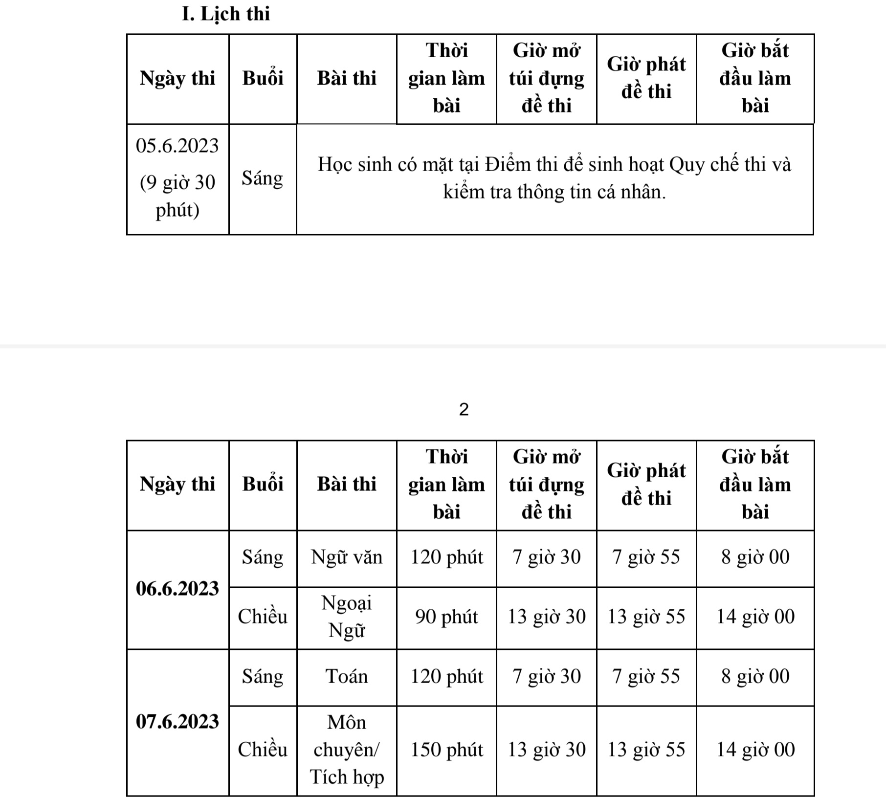 Lịch thi chính thức 